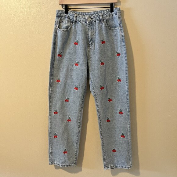 Romwe Jeans Women Embroidery Tomatoes Cherry Farmers Market Veggie Fruit L Cute - Picture 1 of 6